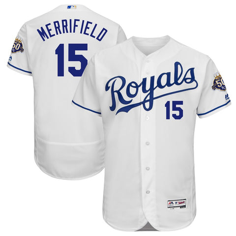 Whit Merrifield Kansas City Royals Majestic 50th Season Patch On-Field Flex Base Player Jersey - White