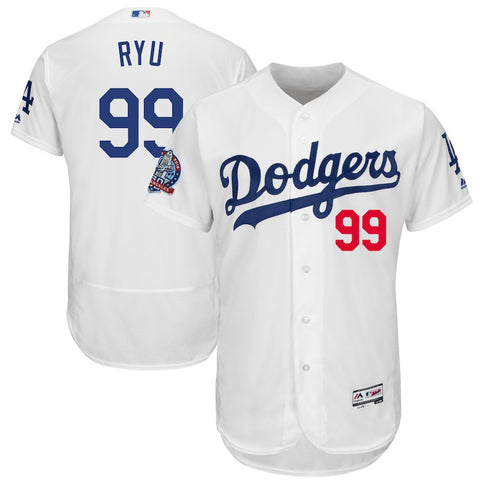 Hyun-Jin Ryu Los Angeles Dodgers Majestic 60th Anniversary Home On-Field Patch Flex Base Player Jersey