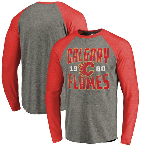 Calgary Flames   Timeless Collection Antique Stack Tri-Blend Long Sleeve Raglan T-Shirt - Ash