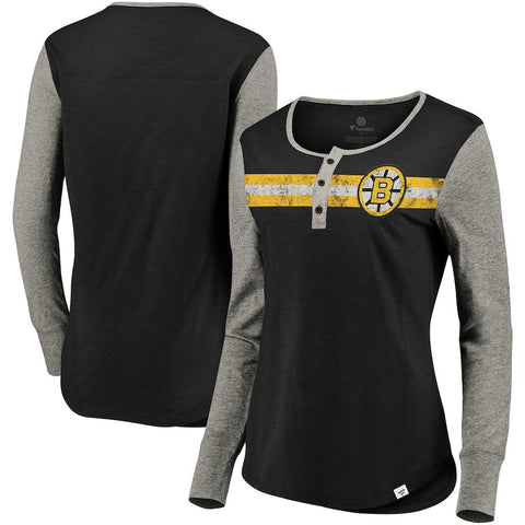 Boston Bruins   Women's True Classics Retro Henley T-Shirt - Black/Heathered Gray