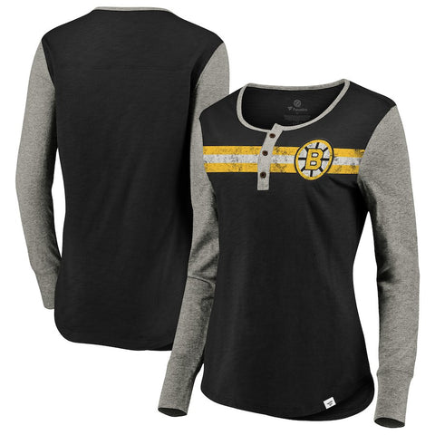 Boston Bruins   Women's Plus Size True Classics Retro Henley T-Shirt - Black/Heathered Gray