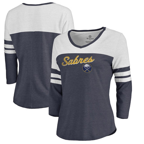 Buffalo Sabres   Women's Timeless Collection Rising Script Color Block 3/4 Sleeve Tri-Blend T-Shirt - Navy