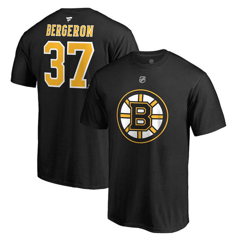 Patrice Bergeron Boston Bruins   Authentic Stack Logo Name & Number T-Shirt