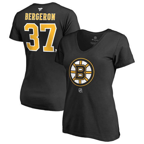 Patrice Bergeron Boston Bruins   Women's Authentic Stack Name & Number V-Neck T-Shirt