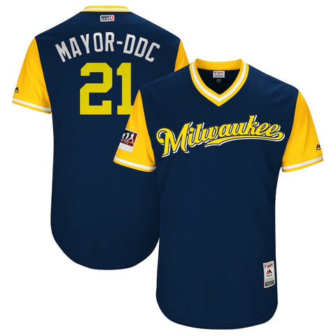 Travis Shaw "Mayor-DDC" Milwaukee Brewers Majestic 2018 Players' Weekend Authentic Jersey - Navy/Yellow
