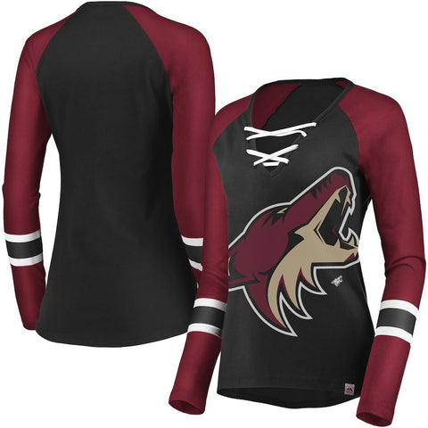 Arizona Coyotes Majestic Women's The Lace Up Raglan Long Sleeve T-Shirt - Black/Garnet
